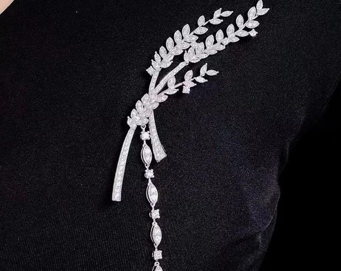 Elegant Zircon Wheat Brooch with Dangle Chain, Long 3 Stem Design, Vintage Inspired Sparkle Brooch, #1810