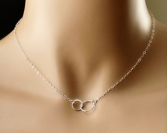 Double Link Sterling Silver Necklace, Sisters, Double Linking Mother Daughter, Wedding Gift, Dainty Circles, #1144
