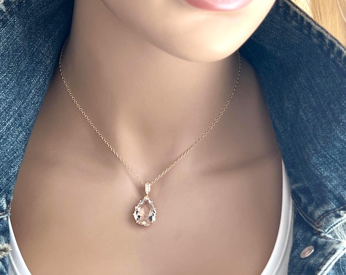 Kate Middleton Inspired 14k Gold Filled Teardrop Earrings & Necklace Set, Lightweight Sparkling Dangles, Zircon Bail Pendant #1207/#1795