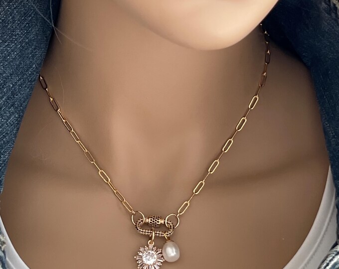 14k Large Paperclip Chain Necklace, Black Zircon Carabiner Clasp, Freshwater Pearl Charm, Big Zircon Floral Charm Dangles, Top Trend #1753
