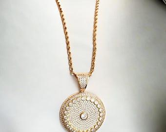 Gold Iced Out Mandala Pendant Necklace, 30" Rope Chain , Statement Disc Necklace, Zircon Medallion, From the Vault Limited Release, #2018