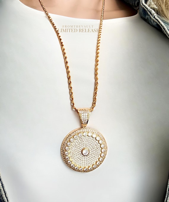 Gold Iced Out Mandala Pendant Necklace, 30" Rope Chain , Statement Disc Necklace, Zircon Medallion, From the Vault Limited Release, #2018