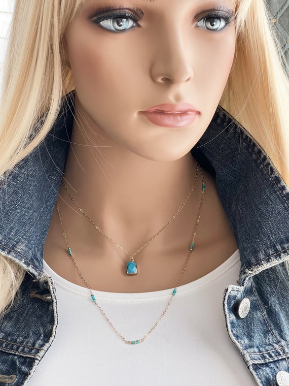 Gold Turquoise Necklace, 14k Gold Filled Necklace, Faceted Gold Edge Turquoise Charm, Ocean Blue Turquoise Howlite Charm Necklace #1690