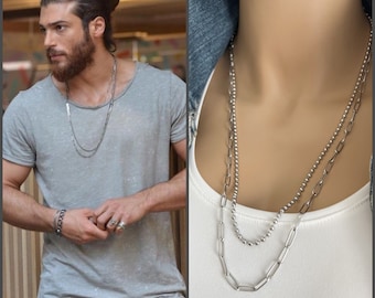 Men's Paperclip Chain Double Stainless Steel Necklace Set, Can Yaman Inspired, Long Bead Ball Chain, Unisex, Non Tarnish Necklace, #1363