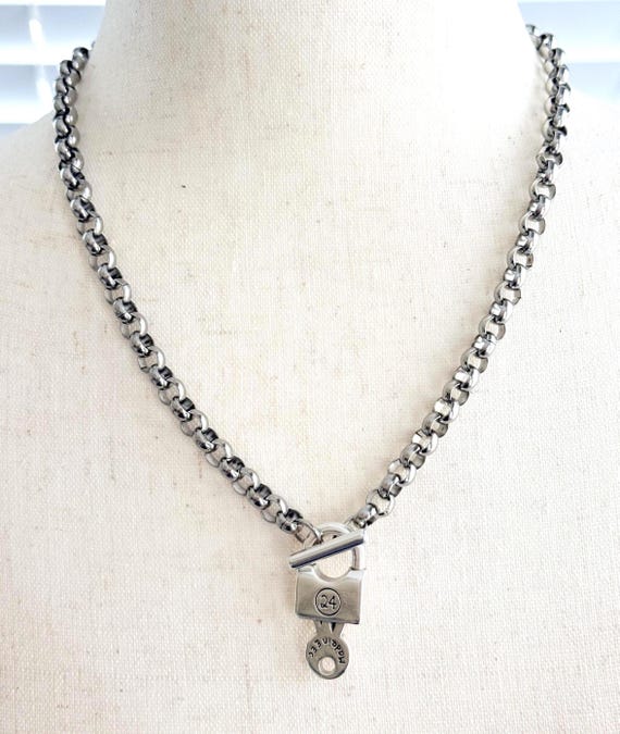 Stainless Steel Rolo Chain Lock Necklace, Zamak Padlock Toggle Clasp, Chunky Minimalist Jewelry, Layering Chain, #2014