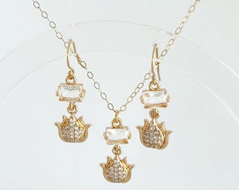 Gold Lotus Earrings & Necklace, 14k Gold Filled Chain, Zircon Charms, Layered Necklace Charms, Nature Jewelry, Boho Wedding, #1872/#1873