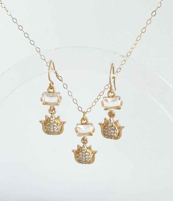 Gold Lotus Necklace & Earrings: 14k Gold Filled Chain, Zircon Charms, Boho Wedding Jewelry  #1872/#1873