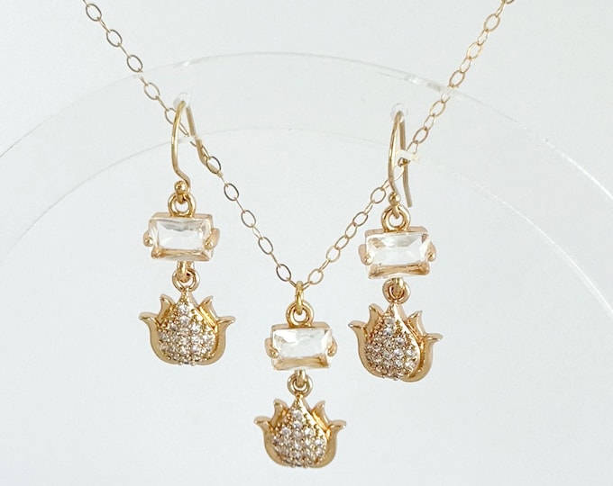 Gold Lotus Earrings & Necklace, 14k Gold Filled Chain, Zircon Charms, Layered Necklace Charms, Nature Jewelry, Boho Wedding, #1872/#1873