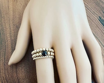 14k Gold Filled Black Tourmaline Beaded Stretch Ring, Singles or Sets, Gold Beads, Tourmaline Gemstone Ring, Layered Rings Set,  #1238