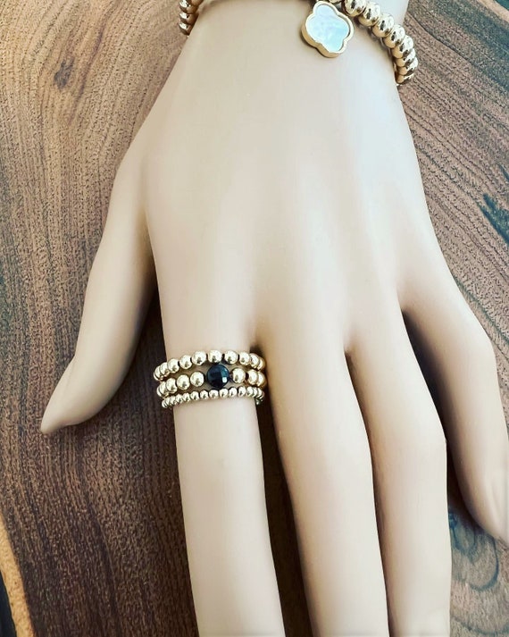 14k Gold Filled Black Tourmaline Beaded Stretch Ring, Singles or Sets, Gold Beads, Tourmaline Gemstone Ring, Layered Rings Set,  #1238