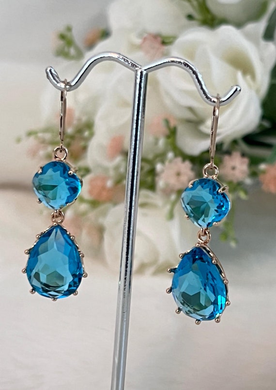 14k Gold Filled Leverback Blue Wedding Chandelier Earrings, Royal Bridgerton Design, Faceted Lake Blue Double Drop Earrings #1767