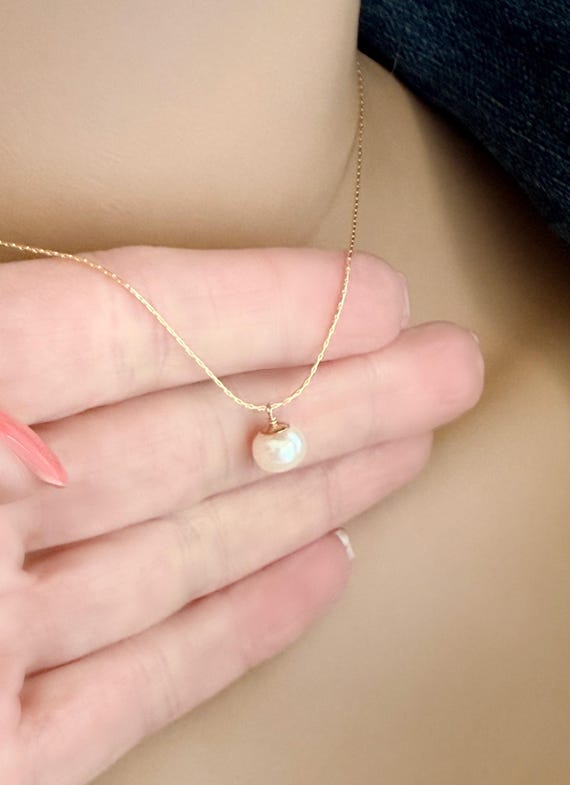 14k Gold Filled Pearl Necklace, 8mm Freshwater Pearl Snake Chain Necklace, Minimalist Jewelry, #2031