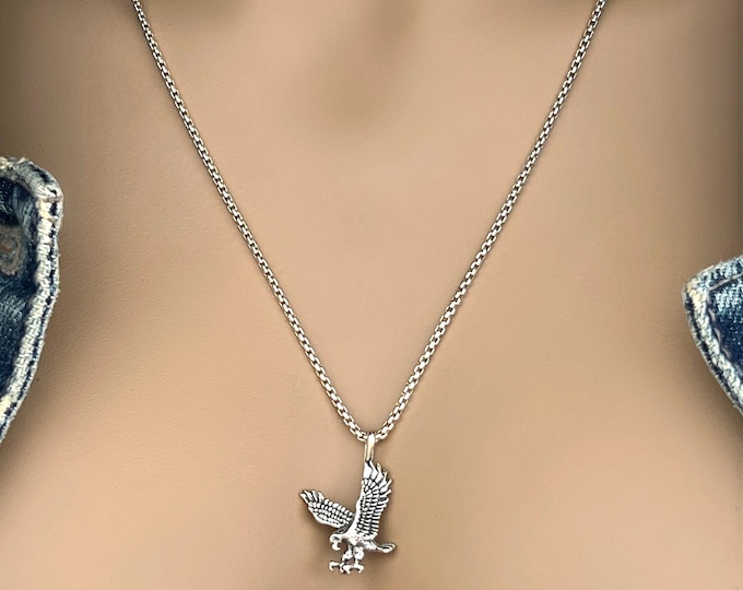 Men's Thick Sterling Silver Chain Eagle Necklace, Venetian Chain, Can Yaman Inspired, Unisex Long Necklace, 3-D Eagle Necklace, #1359