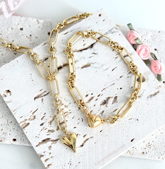 Gold Heart Lariat Necklace: Chunky Paperclip Chain Y Necklace, Matching Gold Chunky Bracelet with Magnetic Clasp #1753