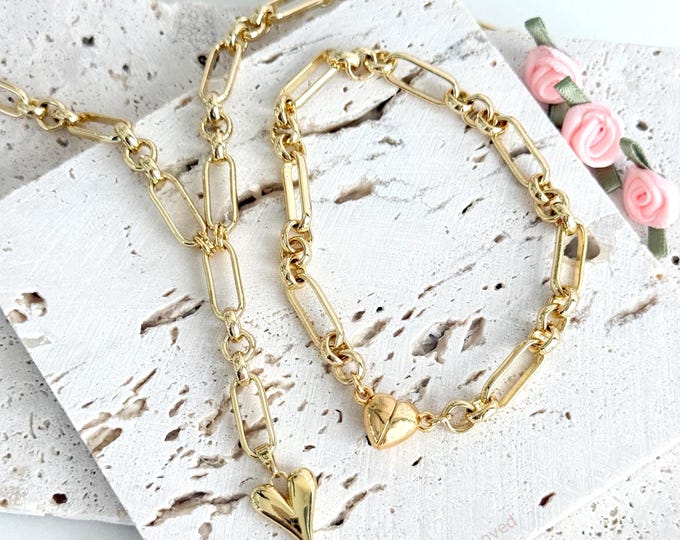 Gold Heart Lariat Necklace: Chunky Paperclip Chain Y Necklace, Matching Gold Chunky Bracelet with Magnetic Clasp #1753