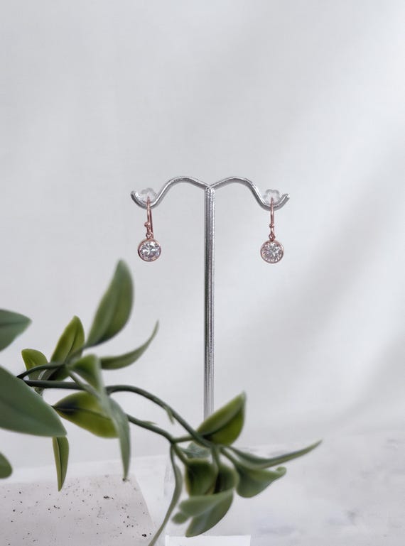 Rose Gold Filled Zircon Earrings: Sparkling Dangle Bezels, Minimalist Princess Sparkles #1852