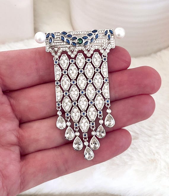 Royal Diamond Zircon Vine Brooch, Dangling Tassel Teardrops, Genuine Pearls, Blue & Green Greek Leaf Header, Pendant Hooks on Back #1796