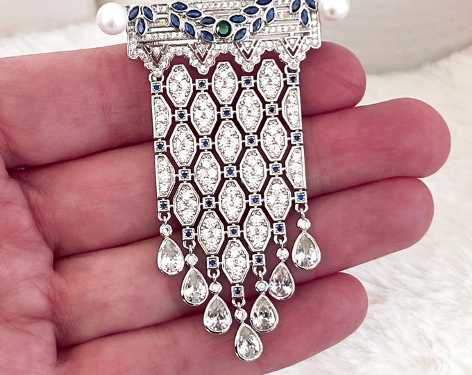 Royal Diamond Zircon Vine Brooch, Dangling Tassel Teardrops, Genuine Pearls, Blue & Green Greek Leaf Header, Pendant Hooks on Back #1796
