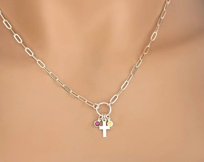 Sterling Silver Cross & Birthstone Necklace, Mother's Necklace, Paperclip Chain #1849