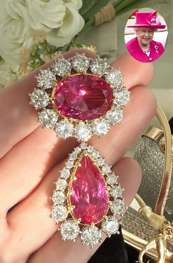 Crown Ruby Brooch, Queen Elizabeth Replica, Large Ruby Zircon Center & Pear Tassel, Royal Heirloom #1804
