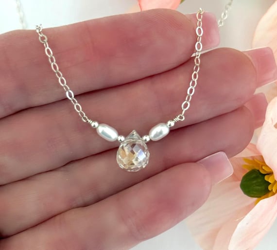 Aura Quartz Pearl Necklace: Sterling Silver or 14k Gold Filled Dainty Crystal