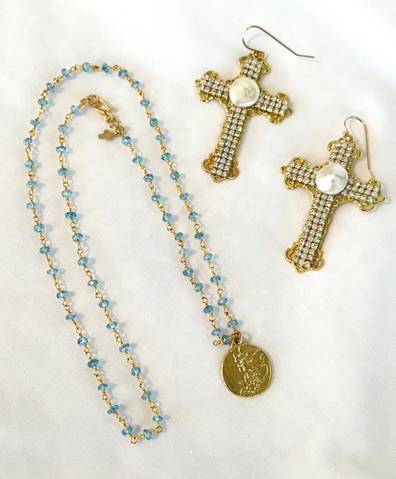 Saint Michael Blue Topaz Rosary Chain Necklace, 14k GF Gold Pearl Earrings, 18k GP Bronze Saint Michael Pendant, Inspirational #1706/#1009