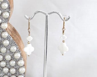14k Gold Filled Double MOP Clover Earrings, Mother of Pearl Dangle Drop Earrings, Quatrefoil Shell Earrings, #1723