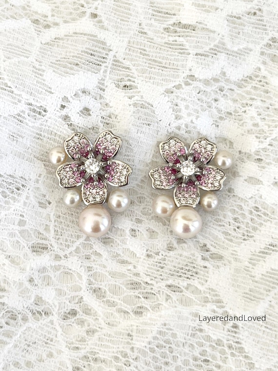 Cherry Blossom Pearl Earrings, Sakura Flower, Sterling Silver Zircon Posts, Multiple White Pearls, Paved Zircons, Classic Royal Style, #1696
