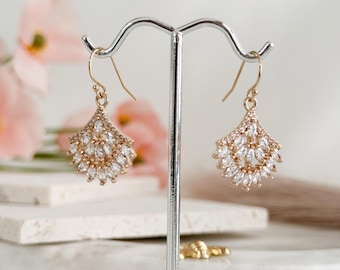 Elegant Victorian Zircon Fan Earrings, Rows of Marquise Set in Fan Shaped Charms on 14k Gold Filled Earwires, Sparkling Boho Wedding #1854