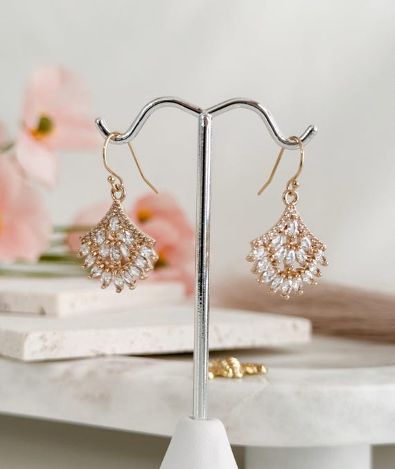 Victorian Zircon Fan Earrings: 14k Gold Filled, Boho Wedding