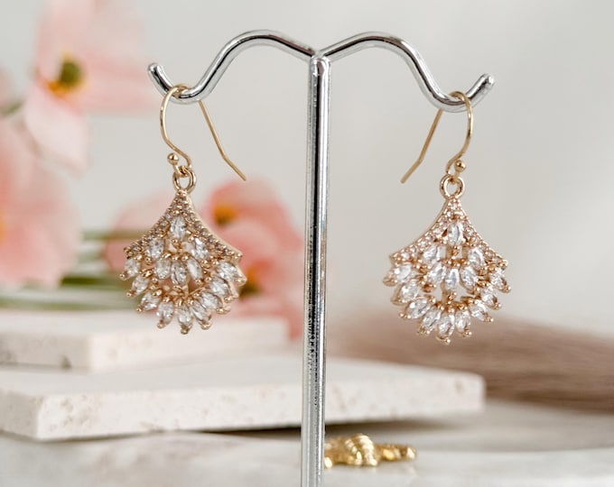 Elegant Victorian Zircon Fan Earrings, Rows of Marquise Set in Fan Shaped Charms on 14k Gold Filled Earwires, Sparkling Boho Wedding #1854