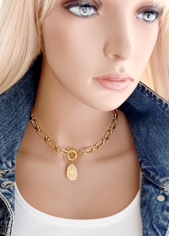 Chunky Gold Link Necklace with Large Sailor Clasp & Pave Buddha Charm, Oval Link Chain Statement Necklace, Bold Gold Chunky Choker, #2009
