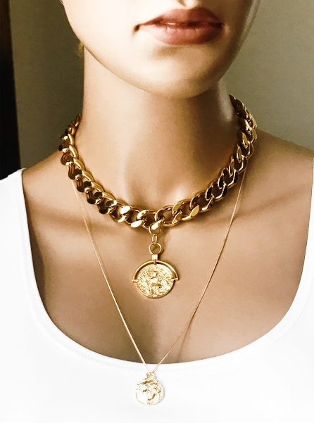 Thick Gold Chunk Curb Chain Greek Orb Medallion Choker, Weighty ...