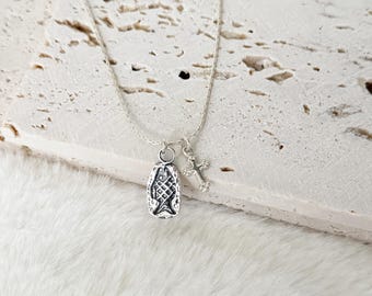 Sterling Silver Fish & Cross Charm Necklace: Sterling Silver Cordette Chain, Artisan Fish Charm, Small Vintage Cross, #1917