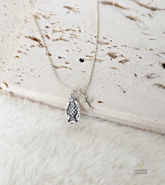 Sterling Silver Fish & Cross Charm Necklace: Sterling Silver Cordette Chain, Artisan Fish Charm, Small Vintage Cross, #1917