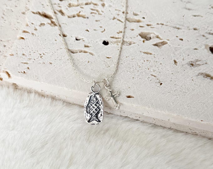 Sterling Silver Fish & Cross Charm Necklace: Sterling Silver Cordette Chain, Artisan Fish Charm, Small Vintage Cross, #1917