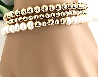 14k Gold Beaded Pearl Bracelet, Freshwater Pearls, June Birthstone, Anniversary Bracelet, Dainty Layering Bracelet, #1520