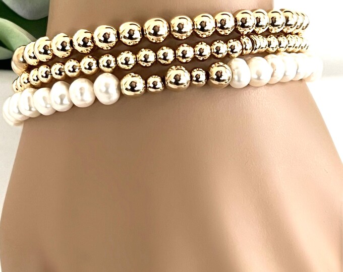 14k Gold Beaded Pearl Bracelet, Freshwater Pearls, June Birthstone, Anniversary Bracelet, Dainty Layering Bracelet, #1520