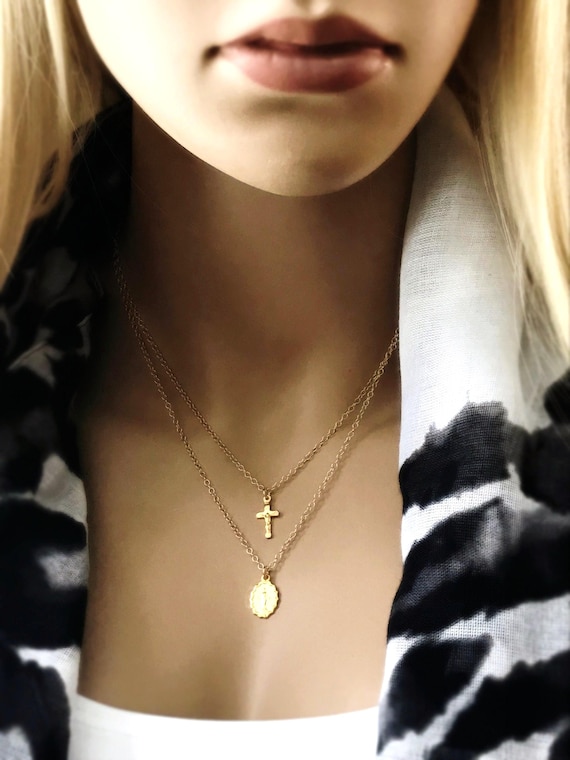 Gold Mother Mary Cross Necklace Set: 14k Gold Filled Cable Chains, Separate Necklaces, Mother Mary & Crucifix Cross, #655