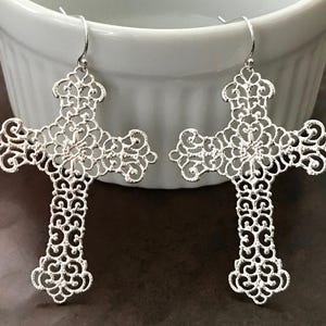 Filigree Cross Earrings: 14k Gold Filled, Sterling Silver Earwires or Leverbacks, Lightweight 2" Crosses, #753/#943/#1588 Silver Wires