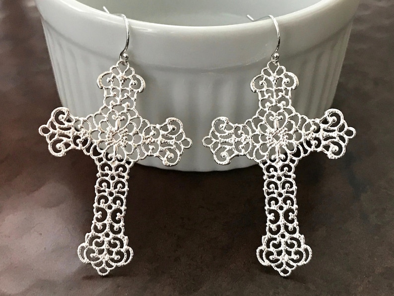 Filigree Cross Earrings: 14k Gold Filled, Sterling Silver Earwires or Leverbacks, Lightweight 2" Crosses, #753/#943/#1588 Silver Wires