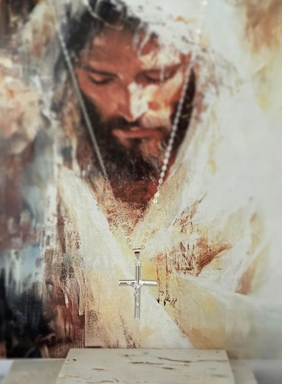 Men's Sterling Silver Crucifix Cross Necklace, Thick Hollow Cross on Cable Chain, Religious Gift for Him, #1944