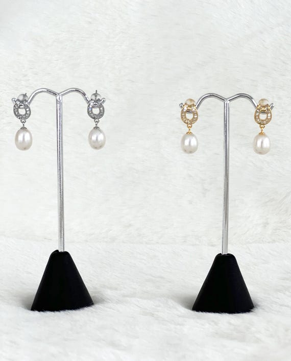 Equestrian Baguette Diamond Zircon Earrings, Gold Horseshoe Freshwater Pearls Posts, Silver Zircon Horseshoe Earrings, White Pearls, #1734