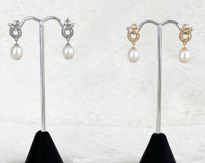 Equestrian Baguette Diamond Zircon Earrings, Gold Horseshoe Freshwater Pearls Posts, Silver Zircon Horseshoe Earrings, White Pearls, #1734