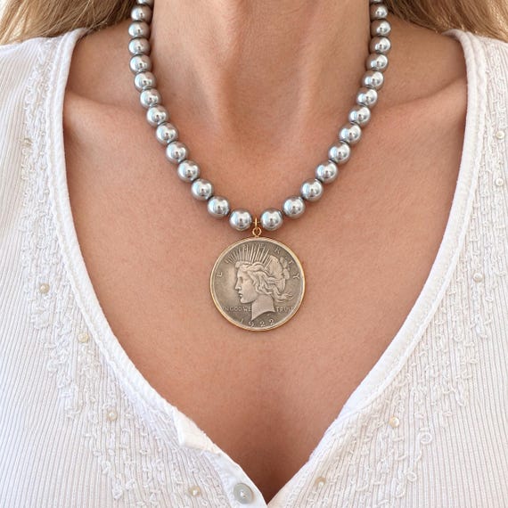 Swarovski Pearl Necklace with Lady Liberty Replica Coin, Mixed Metal Pendant, Gray, White or Tahitian Black, 16" - 18" #2103