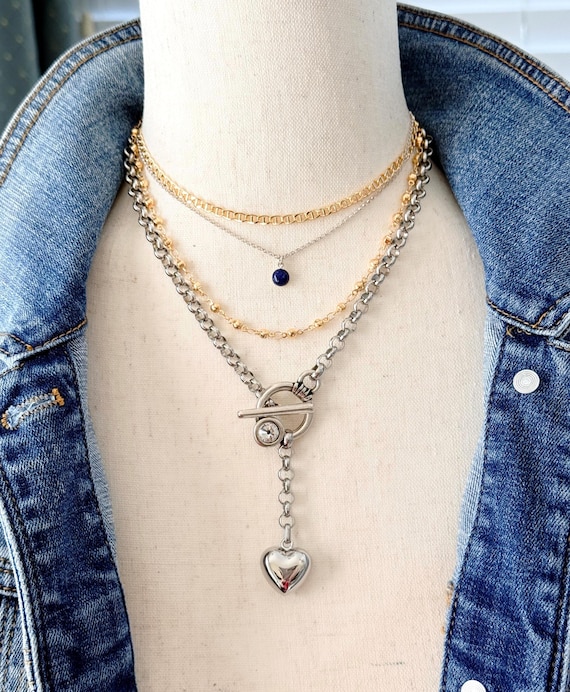 Mixed Metal Layered Necklace Set, Gold & Silver Stack, Lapis Necklace, Heart Toggle Necklace, Build Your Own Layered Look, 1039, 2058-2060