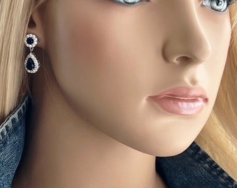 Princess Kate & Diana Inspired Blue Sapphire Zircon Diamond Earrings, Emerald Green or Blue Sapphire Drop Earrings, Royal Inspiration, #1557
