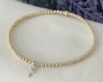 Dainty 14k Beaded Cross Bracelet, Sterling Silver Teeny Tiny Cross, 14k Gold Filled Beads, Inspirational Boho Stretch Bracelet, #1607