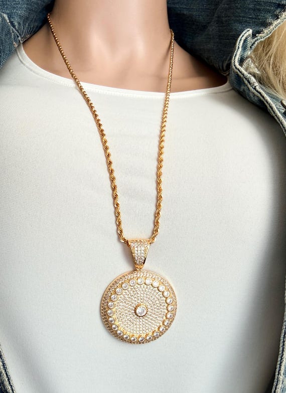 Gold Iced Out Mandala Pendant Necklace, 30" Rope Chain , Statement Disc Necklace, Zircon Medallion, From the Vault Limited Release, #2018