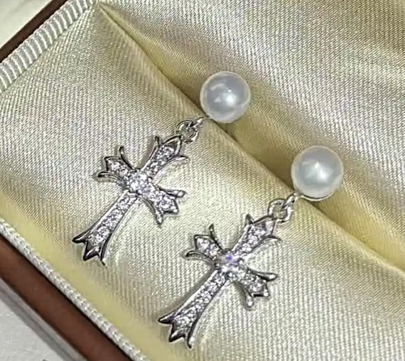 Silver Zircon Cross Dangle Earrings: Freshwater Pearl Religious Jewelry, #1839